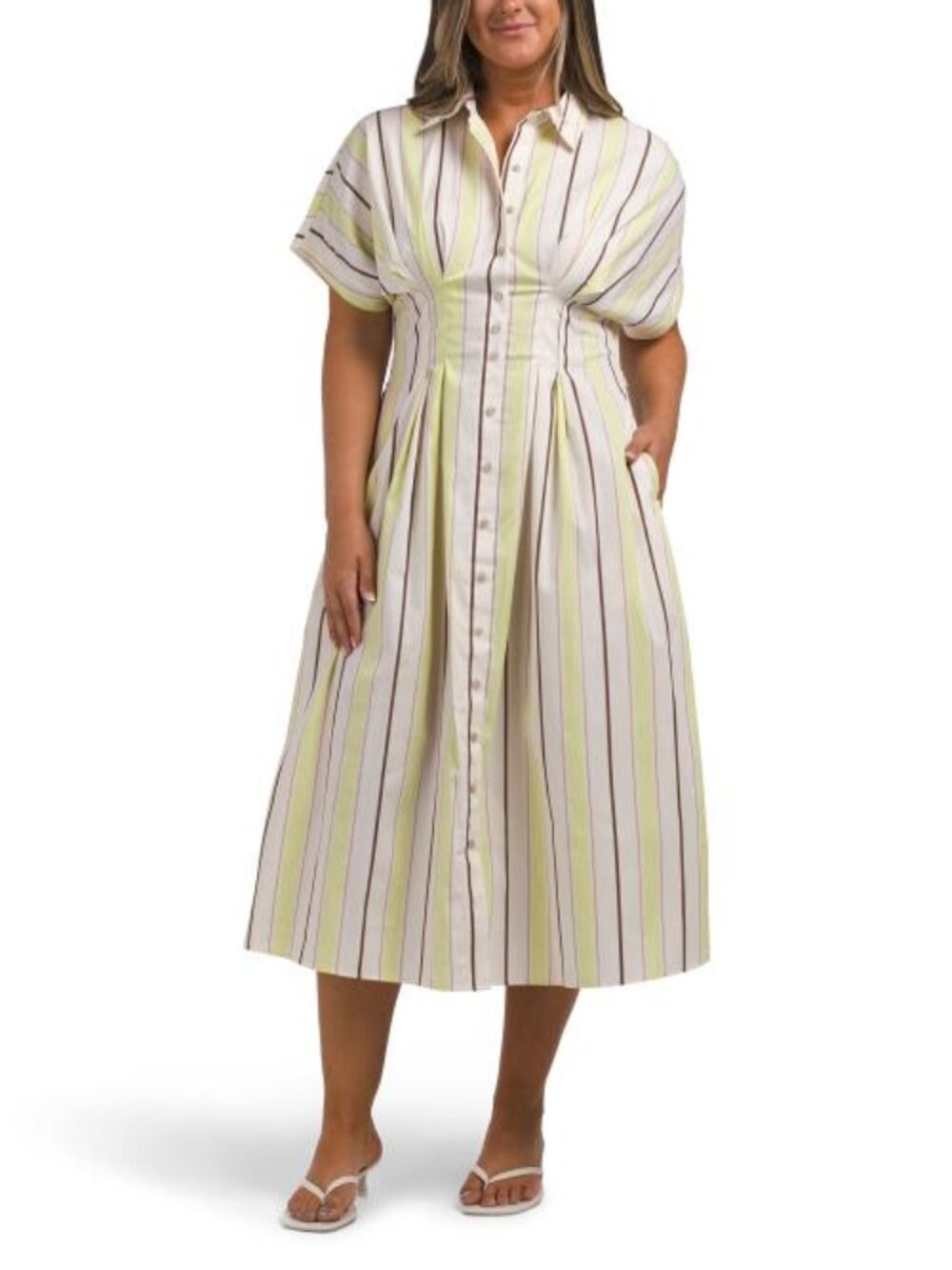 NICOLE MILLER Striped Poplin Cinched Waist Shirt Dress - Picture 1 of 5